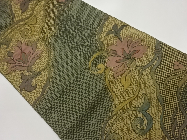 JAPANESE KIMONO / NAGOYA OBI / SILK / CHIKUZEN HAKATA / WOVEN MICHINAGADORI & FLORAL ARABESQUE